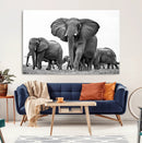 Black White Elephant Family Wall Art Canvas Print