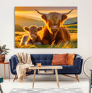 Scottish Cow and Baby Cow Canvas Wall Art Animal Print