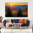 Golden Sunset Over Mountain Forest Canvas Wall Art Print -