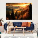 Golden Sunset Over Mountain Forest Canvas Wall Art Print -