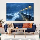 Stormy Ocean Pier Lights Canvas Wall Art Print - Large Moody