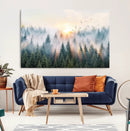 Misty Pine Forest Wall Art Canvas, Sunrise Over Foggy Trees
