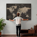 Custom World Map with Pins Canvas Wall Art Dark Charcoal