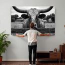 Black White Texas Longhorn Bull Canvas Wall Art, Western Ranch Cattle Photography Print, Rustic Farmhouse Cowboy Decor Artwork