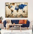 World Map Canvas Print – Vintage Blue and Gold World Map