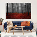 Red Forest Floor Canvas Wall Art – Mystical Foggy Woodland