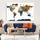 Modern Abstract World Map Canvas Wall Art – Framed Blue and