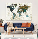 Vintage World Map Wall Art Canvas Print, Framed Rustic Earth