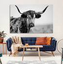 Texas Cow Longhorn Wall Art Canvas Print in Black and White