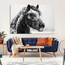 Winter Horse Canvas Print | Large 3-Panel Black White Equine