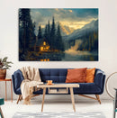 Mountain Cabin by the Lake at Sunset Wall Art - Serene