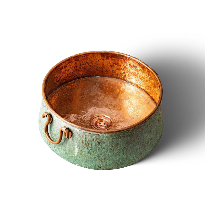 Green Patina Copper Bucket Vessel Bathroom Sink with Handles