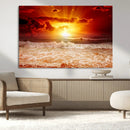 Red Sunset Ocean Beach Canvas Wall Art Beach Canvas, Coastal