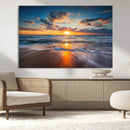 Sunset on the Ocean Beach with Waves, Reflections on Sand,