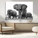 Black White Elephant Family Wall Art Canvas Print