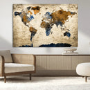 World Map Wall Art – Antique Style Blue and Brown Map Canvas