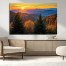 Golden Sunset Over Mountain Forest Canvas Wall Art Print -