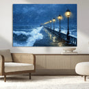 Stormy Ocean Pier Lights Canvas Wall Art Print - Large Moody