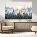 Misty Pine Forest Wall Art Canvas, Sunrise Over Foggy Trees