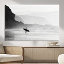 Surfer Beach Wall Art – Framed Black White Ocean Canvas