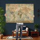 World Map Wall Art Canvas Print, Rustic Map Print, Framed