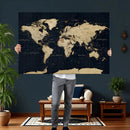 Dark World Map Canvas Wall Art Print, Minimal Black and Gold