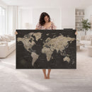 Custom World Map with Pins Canvas Wall Art Dark Charcoal