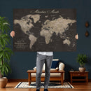 Custom World Map with Pins Canvas Wall Art Dark Charcoal