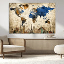 World Map Canvas Print – Vintage Blue and Gold World Map