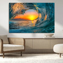 Ocean Wave Sunset Wall Art | Large Coastal Wave Canvas Print