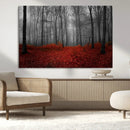 Red Forest Floor Canvas Wall Art – Mystical Foggy Woodland