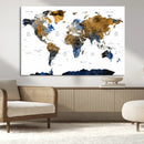 Modern Abstract World Map Canvas Wall Art – Framed Blue and