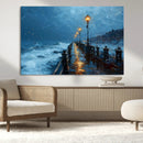 Stormy Night at Beach Pier Oil Painting Large Wall Art