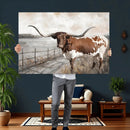 Vintage Texas Cow Wall Art Canvas Print, Rustic Longhorn