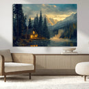 Mountain Cabin by the Lake at Sunset Wall Art - Serene