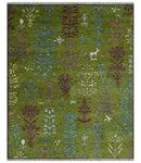 Tree Green, Silver, Maroon Hand Knotted 8x10 wool Area Rug by The Rug Decor