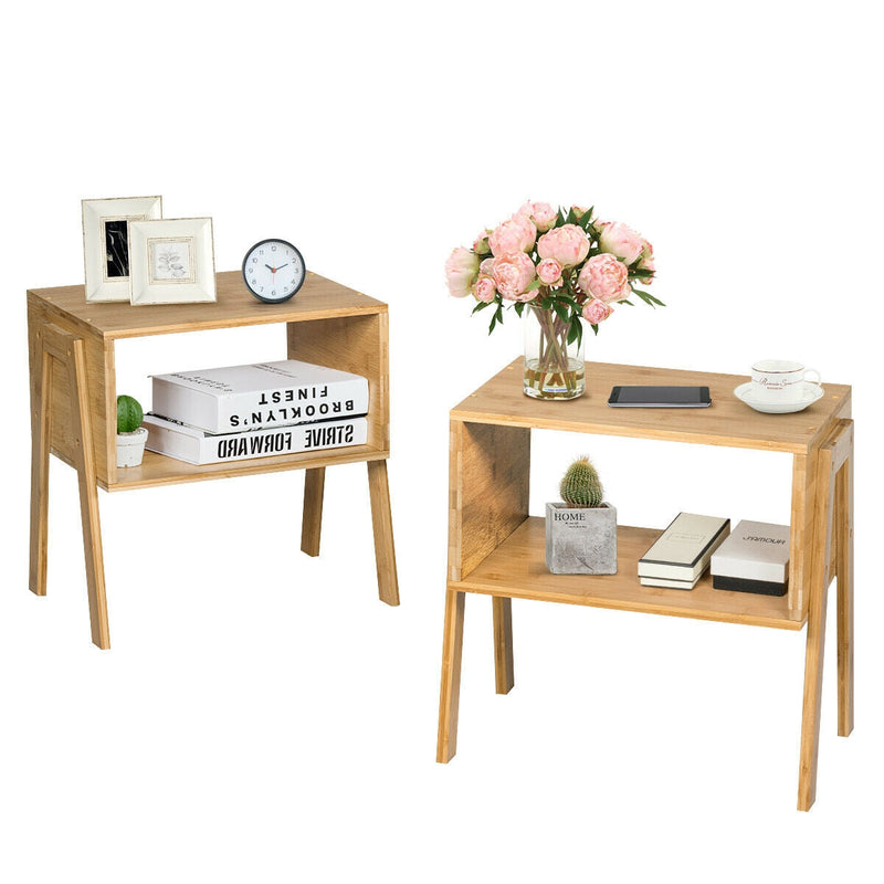 2 Pieces Bamboo Nightstand Sofa Table with Storage Shelf, photo 3 of 8