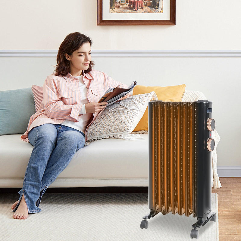 1500W Portable Electric Radiator Oil Filled Heater With 3 Heating Modes, Adjustable Thermostat, Black