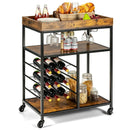 3-Tier Wood Rolling Kitchen Serving Cart with 9 Wine Bottles Rack Metal Frame-Rustic Brown by LJGDeals