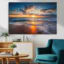 Sunset on the Ocean Beach with Waves, Reflections on Sand,