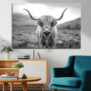 Black White Scottish Highland Cow Canvas Farm Wall Art