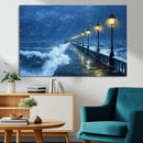 Stormy Ocean Pier Lights Canvas Wall Art Print - Large Moody
