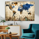 World Map Canvas Print – Vintage Blue and Gold World Map