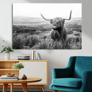 Scottish Highland Cow Wall Art | Black and White Canvas
