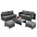 6 Pieces Patio Rattan Furniture Set with Glass Table and Cushioned Seat-Gray by LJGDeals