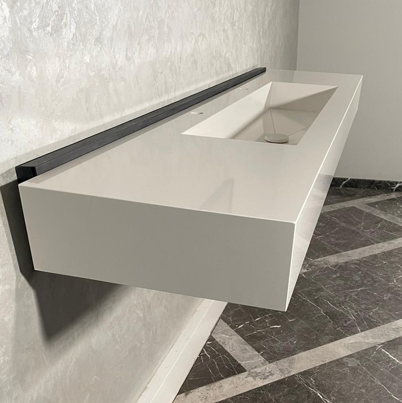 White Quartz Large Bathroom Trough Sink Wall Mount Contemporary Design, photo 2 of 13