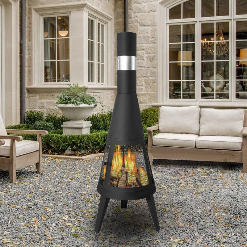 Chiminea Outdoor Fireplace 47.6" Metal Wood Burning Fire Pit with Log Grate, Black