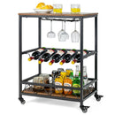 Kitchen Bar Cart Serving Trolley on Wheels with Wine Rack Glass Holder-Rustic Brown by LJGDeals
