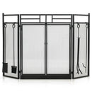 3-Panel Folding Wrought Iron Fireplace Screen with Doors and 4 Pieces Tools Set-Black by LJGDeals
