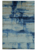Modern Abstract Design Blue And Ivory Hand Knotted 6x9 Bamboo Silk Area Rug